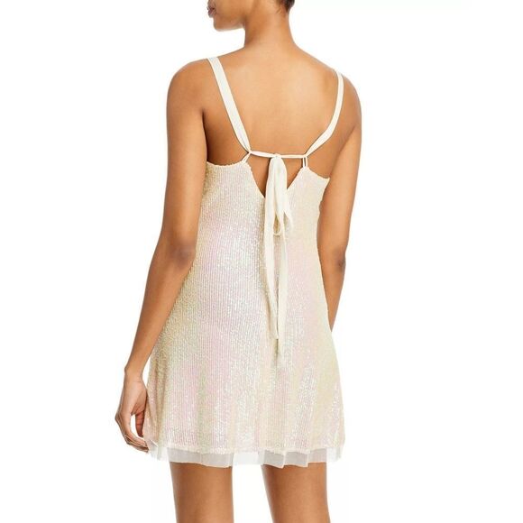 New! FREE PEOPLE Gold Rush Mini Slip Sequin Dress Icicle Pearl Combo V-neck MED - Picture 8 of 10